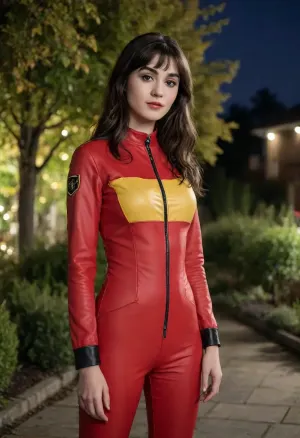 19 yo girl, Claire Chust, long wavy hair, bangs, black hair, nighttime, wearing red-yellow vaultsuit, masterpiece, bokeh, 8k, uhd, standing in a garden, professional photography, slim, tall, detailed face, detailed eyes, hyper realistic, ultra detailed, high quality, best quality, 4k, raw, vaultsuit, pipboy3000, wearing, a, Vault, Suit, with, Leather, Armor, and, PipBoy, on, her, wrist, his, <lora:Claire_Chust:1.2>, <lora:312968_training_data:1.1>