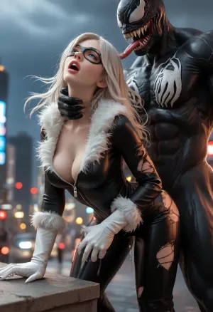 1girl, Black Cat, Marvel universe, 28, long white-platinum hair, front hair parted, wind in hair, blue eyes, looking up, ahegao, moaning, girl is bent over, leaning against guardrail, slender, black unzipped skintight leather costume, ((cleavage trimmed with white fur)), torn trousers, pussy exposed, ((black domino mask)), white gloves, white claws, white boots, long fur on gloves, long fur on boots, doggy fucked by Venom, Venom is massive muscular, Venom is tearing costume, drooling, (Venom is choking girl from behind, big claws around neck), big penis, deep vaginal penetration, (squirt dripping massively), at night, on rooftops, in New York City, clouds, (side view), <lora:841942_training_data:.9>, <lora:Midjourney Image Enhancer XL v1:.8>