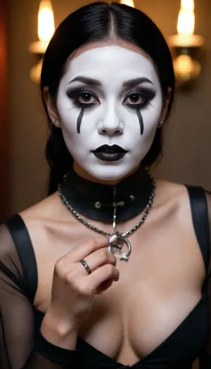 Asian, goth mime with white face, dark skin, very tanned, 19-year-old girl, long black hair, shaved pussy, medium breasts, metal slave collar with ring, mime white face makeup.