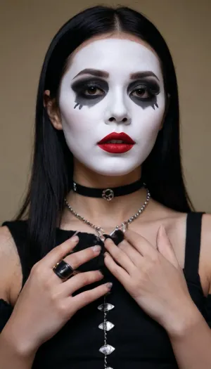 Asian, goth mime with white face, dark skin, very tanned, 19-year-old girl, long black hair, shaved pussy, medium breasts, metal slave collar with ring, mime white face makeup.