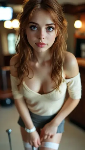 ((the whole girl visible in the frame)), ultra realistic smart incredibly beautiful seductive face, escort woman, super model, 18 years old, (very slim), narrow waist, looks directly at the viewer, swing golf pose, (nyde tits, long legs, perfect legs, long knee socks, sensual Seductive, big eyes, beautiful eyes:1.2), long ginger hair, (seduce, sexy, wants to fuck:1.1), (white skin. smile:1.1), HDR photo, best quality, ultra-detailed, masterpiece, finely detail, highres, photorealistic, perfect illumination, best shadow, best shot, ((engaging view)), full scene picture, soft lighting, bhands, perfect fingers, little hands, (5/6th body:1.5), the woman is looking with amazement at viewer, (looking up), detailxl, perfecteyes, <lora:MJ52:.5>, <lora:lora-sdxl-perfect-eyes:.5>, <lora:style_lora_realis:.7>