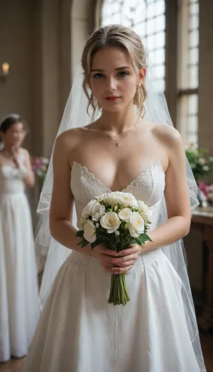 Hot bride on the altar holding a bunch of flowers, medium tits, blonde hair. She is wearing a weding dress whit short skirt and white stokings.