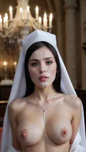 woman, (blowjob:1), (20yo:1), very warm side light, black messy hair, big silicon round breasts, photo of a nude young nun, (white cum on face:1.5), (white cum on breast:1.5), necklace with cross, (black nun's cap), in dark church, chandeliers, contrast, chiaroscuro, <lora:JustCum:1.2>