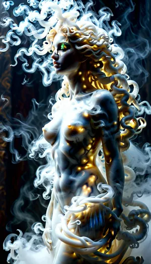 (masterpiece, best quality, ultra-detailed, cinematic lighting, 8k), upper body shot, (Ethereal marble Medusa sculpture made of fog:1.2), stretching, myst, dissolved silhouette, curving hips and long hair made of fog, translucent particles glowing with dawn light, volumetric atmosphere, detailed marble texture, artistic macro photography, shallow depth of field, minimalist composition, (pale gold and pearl color palette), dark ancient museum background, chiaroscuro, (sculpture made of fog:1.3), in the style of MarbleStatueXL, msfg, sm0k3dr3ss, <lora:fog_creatures_v4:.5>, <lora:Smoke_Shesh_Dress_XL:.5>, <lora:MJ52:.5>, <lora:MarbleStatueXL:.5>