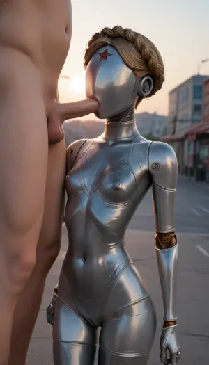 (small adult robot girl:1.9), (style atomic heart:1.3), sunset, beautiful lighting, (cyberpunk city:1.1), very petite, (blowjob with human tall man:1.3), big cock, neon signs, (draw anime style:1.9), (blowjob:1.1), flat chest, bikini, stiff nipple, standing, half naked, wet body, oiled body, happy face, pussy, AtomicHeartTwinsCosplay, <lora:AtomicHeartTwinsCosplay_SDXL:.8>, woman, robot, joints, blond, hair, thighhighs, redstar, on, forehead, bodysuit, thigh, gap, large, breast, reflexion, <lora:Twins1024:.8>