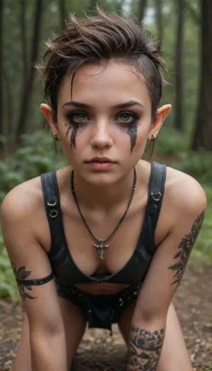((HD photorealistic)), fantasy elf female., wearing leather armor., in the forest., close up face, face paint, war paint, dark heavy eye makeup goth elf., freckles on her nose, . Ridiculously cute, flirty, lustful gaze, skinny, thin, petite, 20 year old emo punk goth pixie elf, Italian colored dark tanned skin, heavy dark eyeliner, smokey eyes, light golden brown or hazel eyes, cute small button nose., Short brunette hair, pixie cut, shaved head, messy hair., thigh high leather, on her knees, legs apart, view from behind, leaning forward, looking back at the viewer., showing small round ass and plump pussy., hazel, light green, perfecteyes, heavy, piercing eye contact., braided, side, Optional, Tribal, Body, Paint, Face, Tattoos, beaded, necklace, bone, earrings, bracelets, bangles, Fur, Lined, Crop, Top, Skirt, Loin, Cloth, <lora:PerfectEyesXL:1.5>, <lora:Braided_Sides_V1:1.5>, <lora:454069_training_data:2>, <lora:HGHD_FEMALE_ELF_STYLE-000009:2>, <lora:Anime_Jungle_Tribal_Style:2>