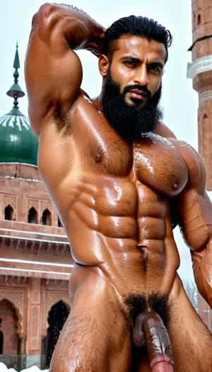 ('Farman Khan' and 'Afzal Khan' are Naked), Very ruggedly handsome Big Muscular Indian Muslim bodybuilders proudly showing their Big Cock in front of Old Mosque within snow, (Handsome and Hot Muslim hunks with very long beard), dark and rough Muslim men, (40 year old, Muslim, tall muscled Arab Indian dark male, rough, dominant, daddy, (hairy armpits and Chest), bodybuilder, enormous thick long dark cock, perfect fingers, oily Sweaty body, (wet hair), dilf, Big seductive eyes, Wet body), (big black circumcised penis with big testicles, ring pierced in penis), (rain drops), ultra sharp high definition details, pubic hair, professional photography, insanely detailed, RAW photo, HDR, hyper-realistic, cinematic lighting, photo realism, Big, cock, <lora:xpenis-1.5e:.5>, <lora:pein:.5>