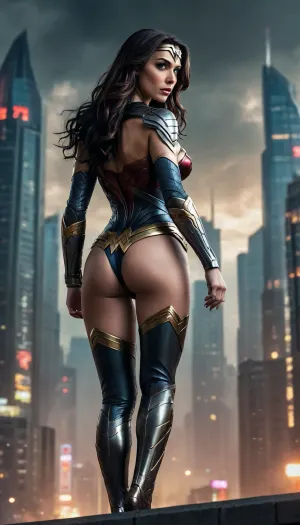 (futuristic-sci-fi image), menacingly seductive evil Wonder Woman, (tyrannical ruler of Earth), long brunette hair, sinister yet alluring expression, ass view looking back, (black form-fitting skimpy steel armor, big neckline cutout), commanding presence, (flying over a sprawling futuristic city), neon-lit skyline, dark ominous clouds above, vibrant colors reflecting off buildings, (ultra-detailed), dramatic lighting, captivating atmosphere. full of hate and anger, angry and violent face expression