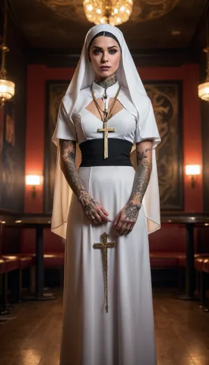 Full body shot of a young beautiful tattooed nun with a modern twist. She wears traditional nun attire with a white veil, her hands adorned with intricate tattoos. Her expression is defiant. Action dramatic pose. She wears a large gold cross necklace, adding a bold religious symbol to the image. Background of night club interior with neon light. The lighting is moody and dramatic, with detailed shading