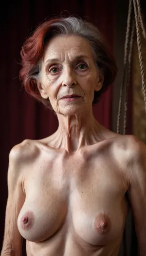 very old granny, 98-years old, skinny and bony body, anorectic, saggy wrinkly empty hanging breasts, pixoe hair, dark red hair.