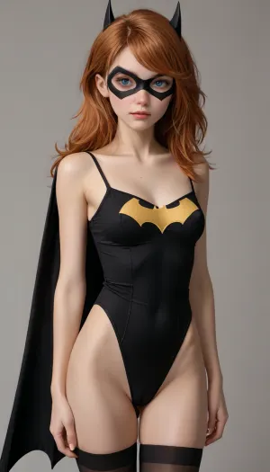 vibrant colors, high contrast, dark theme, score_9, score_8_up, score_7_up, score_6_up, score_5_up, score_4_up, ratings_explicit, ratings_nsfw, 1woman, 25 years old, solo, gwen stacy, standing, looking at viewer, cowboy shot, perky tits, erect nipples, black high waist leggings, high waisted camisole leotard, (cameltoe), contrapposto, skinny, very long orange hair, asymmetrical hair, swept bangs, (((batgirl mask))), simple white background