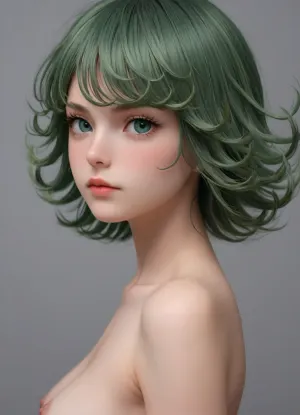 3/4 portrait view of tatsumaki from one punch man, view from side, nude, cute