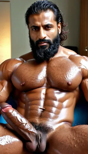 ('Afzal Khan' is Naked), Very ruggedly handsome Big Muscular Indian Muslim bodybuilders proudly showing their Big Cock while sitting in the Office, (Handsome and Hot Muslim hunks with very long beard), dark and rough Muslim men, (40 year old, Muslim, tall muscled Arab Indian dark male, rough, dominant, daddy, (hairy armpits and Chest), bodybuilder, enormous thick long dark cock, perfect fingers, oily Sweaty body, (wet messy hair), dilf, Big seductive eyes, Wet body), (big black circumcised penis with big testicles, ring pierced in penis), (rain drops), ultra sharp high definition details, pubic hair, professional photography, insanely detailed, RAW photo, HDR, hyper-realistic, cinematic lighting, photo realism, Big, cock, <lora:xpenis-1.5e:.5>, <lora:pein:.5>