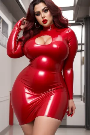 tall bbw, red latex hobble dress