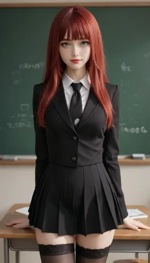 score_9, score_8_up, score_7_up, source_anime, source_explicit, flat colors, flat illustration, lineart, highly detailed, ultra detailed, girl as a goth, black makeup, black lips, blunt bangs, voluptuous body, grey eyes, big lips, lipstick, red hair long hair straight hair, wearing school uniform, blouse, black shirt with black tie, long sleeves, black pleated skirt, stockings, indoor background, blackboard, teacher's desk, front view, professional lighting, smile, posing