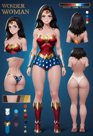 Wonder woman, Character Reference Sheet, The whole body is intact, Character design sheet, ((1 front view, Only 1 front view and 1 back view.)), A wonderful designer, 8k resolution, Ultra HD image output，A large white bow on his head.