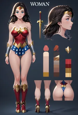 Wonder Woman, character reference sheet, the whole body is intact, character design sheet, ((1 front view, 1 back view, 1 side view)), a wonderful designer, 8k resolution, Ultra HD image output, a big white lean over your head.