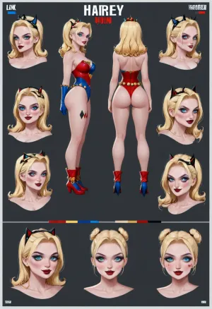 harley queen DC COMICS, character reference sheet, woman, intact pose, character design sheet, ((1 front view, 2 right side view, 3 back view)), a wonderful designer, resolution 8k, Ultra HD image output, great white. lean over your head.