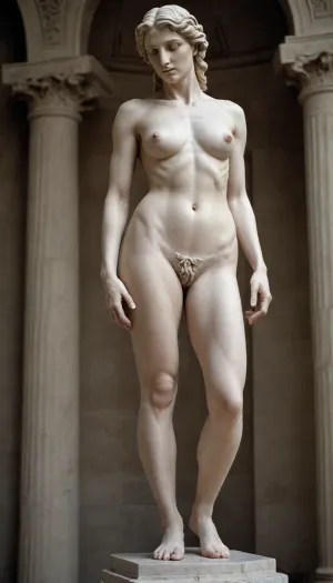 marble statue of a Greek-style goddess, slim waist, saggy breasts, slender, with long legs, full height, naked, with very crooked legs, ugly legs, ugly saggy breasts, with a muscular belly, bulging navel, muscular legs
