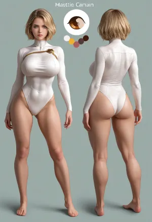 Powergirl, character reference sheet, woman, ATHLETIC BODY, WIDE LEGS, BIG BREASTS, DETAILED FEET, pose intact, character design sheet, ((1 front view, 2 side view, 3 back view)), a wonderful designer, 8k resolution, Ultra HD image output.