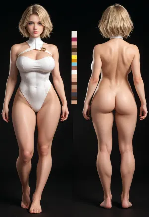 Powergirl, character reference sheet, woman, ATHLETIC BODY, WIDE LEGS, BIG BREASTS, DETAILED FEET, pose intact, character design sheet, ((1 front view, 2 side view, 3 back view)), a wonderful designer, 8k resolution, Ultra HD image output.