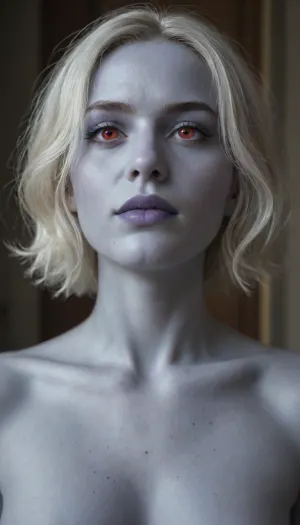 masterpiece, detailed, slender 20yo woman, (dark grey blue skin), drow, white hair, big red irises eyes, toned, naked, toned legs, arrogant look, wide square face, blue lipstick