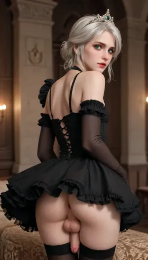 Cirilla, (The Witcher), Ciri real face, princess dress, white short hair, solo, gloves, male focus, looking back, thighhighs, femboy, ass, black thighhighs, blush, elbow gloves, makeup, no panties, penis, (flac penis), testicles, flaccid, anal gape, trap, skirt, princess tiara, frills, anus, gothic, gothic fashion, lipstick, crossdressing, perineum, alt, fashion, no, nuts, no_nuts, <lora:274698_training_data:1.5>, <lora:754990_training_data:.1>, <lora:alt_fashion_v2:.7>, <lora:209970_training_data:1.2>
