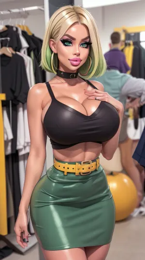 masterpiece, best quality, absurdres, perfect anatomy, scandinavian Model, solo, Belted Skirt, (extreme tight skirt), (smokey eyes eyeshadow), sexy Makeup, violet Lipgloss, t-shirt with cleavage, (green hair), medium hair, yellow eyes, (small_boltedontits:1.5), smile, ButaAI, Insta, bimbo, th3p1t, <lora:CONCEPT-BeltedSkirt:.7>, <lora:c9962dda4dacfa36e5366d5f640dfb89:.5>, <lora:ButaAI:.4>, <lora:b262dbfdbd5b66cf3059e39b5791023c:.5>, <lora:th3p1t_v3:.3>