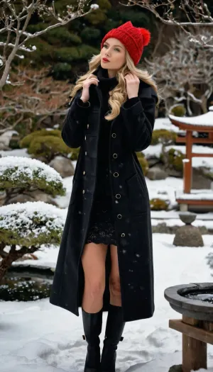 (Beautiful blonde babe in a long closed black winter coat stands in Japanese garden:1.4), snow-covered trees, snow landscape, coat closed, (presses collar firmly on neck and face with hands:1.3), long blonde hair, (red wool cap on head:1.3), perfect Face, Ultra detailed face, Long eyelashes, Hair falls on the face and over the chest, Small kissing mouth, small elongated lips, Looking at the viewer, Wise ankle-high winter boots, long legs, bubble butt, (full view:1.4), cute look, looking at viewer, big round chest, its snowing, MagicMagy1, sheer, skirt, dress, jacket, bikini