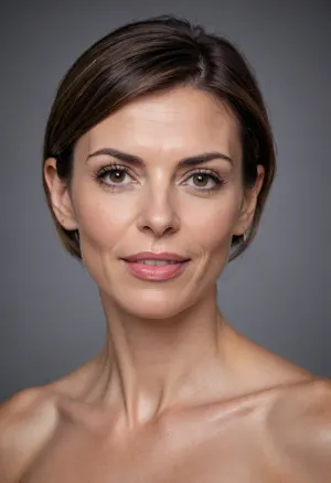 full head and shoulders portrait of 45 years old woman, (nude), naked, too much sexy, (extremely pretty), (absence of makeup), (Spanish face type), (highly expressive mimic), (flirting mimic), eye contact, (wide large mout, (very thin lips), (long hooked nose), (extra angular face), (massive sharp chin), (arrogant smirk), (short haircut), skin pores, circle type earrings, (masterpiece:1.5), (HD quality:1.5), (ultra detailed picture:1.5), (real photo:1.5), (anatomicaly correct:1.5))