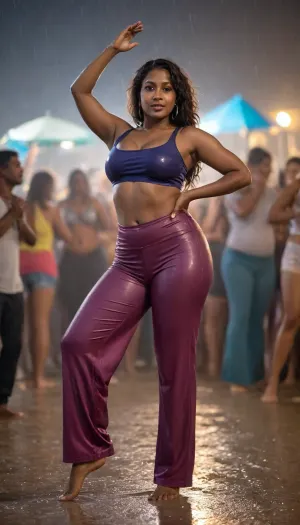 a perfectly curved enormous boobs thick thighs, ((30 years old married Haitian Bengali woman. Crop top and yoga bell bottom trouser highwaist)), bottom heavy and belly, from side bending over, dancefloor party, night-life, wet uneven toned skin and princess clothes, wet wavy tied up hair, (((a beach party, people dancing in the rain))), waves hitting shore, crowded background, carnival crowd, concert crowd