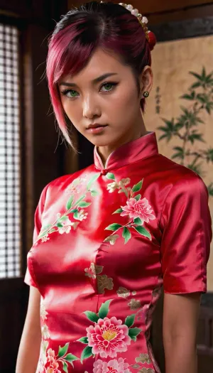 Young, skinny, petite, asian, very dark paled-skin, green-eyed and pink short hair, sumi-e dark painting room, (from Naruto manga), long red qipao dress revealing her natural small breasts and pink haired pussy, (qipao dress:1.2), in konoha, hyperrealism, sharp, ultra detailed, sharp focus, best quality, masterpiece, intricate details, hyperrealistic, natural skin texture