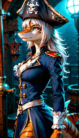 Side view, dungeon and dragons, in pirate ship, standing style, dlss, RTX, solo, silver hair, ((anthro shark, anthro female shark)), capitan pirate uniform, black scales, bright blue neon tiger stripes, <lora:189654_training_data:.8>, <lora:early621-000002:1.2>