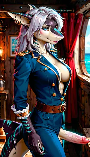 Side view, in pirate ship, standing style, dlss, RTX, solo, silver hair, ((anthro shark, futanari anthro female shark)), pirate uniform, black scales, bright blue neon tiger stripes, <lora:189654_training_data:.8>, <lora:early621-000002:1.2>