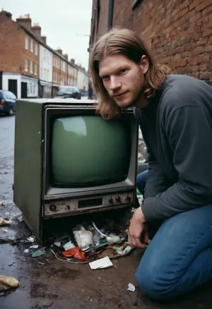 Aphex twin looking at an old broken tv, dirty street, trash, scary