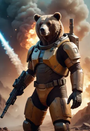 Bear, anthropomorphic figure, in a combat suit, no helmet, laser turret on his shoulder, (laser turret firing), claws gloves, on the background of a smoking shuttle, on an unknown planet, fiction, detail, 8k image, <lora:aesthetic_anime_v1s:.5>