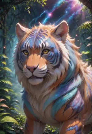 Highly detailed Dynamic shot of texture fur adorable pink and blue tiger, extremely detailed fur, High quality texture, intricate details, detailed texture, High quality shadow, Cinematic Light, Depth of field, light source contrast, cosmic jungle background filled with clouds, whimsical fantasy, <lora:aesthetic_anime_v1s:.5>