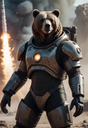 Bear, anthropomorphic figure, Black spacesuit, Very broad shoulders, in a combat suit, no helmet, laser turret on his shoulder, (laser turret firing), claws gloves, on the background of a smoking shuttle, on an unknown planet, fiction, detail, 8k image, <lora:aesthetic_anime_v1s:.5>