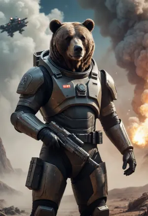 Bear, anthropomorphic figure, Black spacesuit, Very broad shoulders, in a combat suit, no helmet, laser turret on his shoulder, (laser turret firing), claws gloves, on the background of a smoking shuttle, on an unknown planet, fiction, detail, 8k image, <lora:aesthetic_anime_v1s:.5>