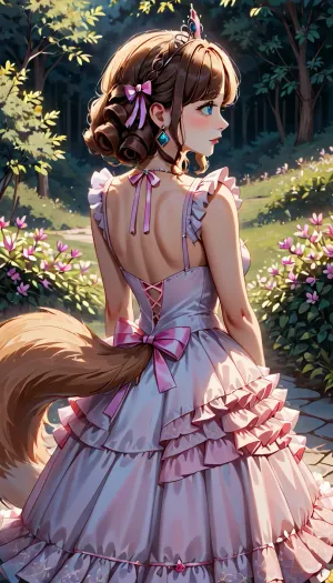 princess, dress, long beautiful hairstyle, big, hair, nature, flowers, <lora:xl_princess_dress-2.0:2>, <lora:xl_big_hair-1.0:.5>, bluefoxeij, <lora:bluefoxeijSDXL-000009:.5>, her, tail, is, a, part, of, anatomy, rooted, at, the, top, buttocks, fox, curls, over, Medium, bold, bushy, plumed, curved, forward, Waived, up, <lora:Sexy_Girls_With_Foxtail_SDXL-000003:.5>