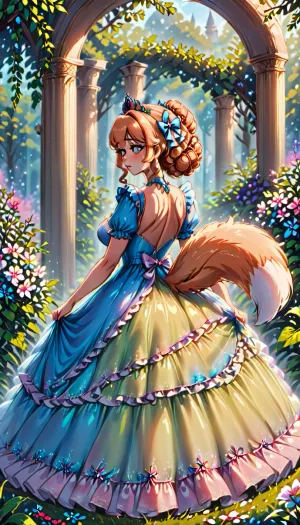 princess, dress, long beautiful hairstyle, big, hair, nature, flowers, <lora:xl_princess_dress-2.0:2>, <lora:xl_big_hair-1.0:.5>, bluefoxeij, <lora:bluefoxeijSDXL-000009:.5>, her, tail, is, a, part, of, anatomy, rooted, at, the, top, buttocks, fox, curls, over, Medium, bold, bushy, plumed, curved, forward, Waived, up, <lora:Sexy_Girls_With_Foxtail_SDXL-000003:.5>