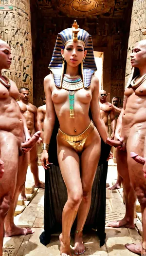 Young beautiful sexy pharaoh stands in her temple surrounded by many men with erect penises.