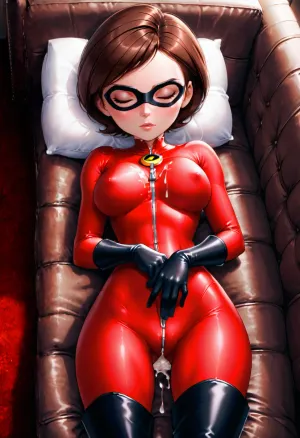 1girl, helen, parr, brown, hair, eyes, domino, mask, red bodysuit, black, gloves, thigh, boots, <lora:HelenParrIllustriousXL_byKonan:.5>, on the couch, sleeping, suit zipper open from top, big tits flopping out

Dash Parr masturbating, big dick, cum covering Helen Parr big tits.