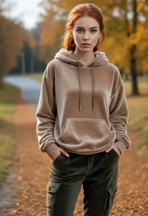(photo taken in perfect autumn landscape, out of town:1.2), photo shows complete Person, dynamic, realistic, perfect lighting, (best shadows), 8K, UHD, clear image, (best lighting), best quality, ultra detail, fine detail, high resolution, 8k wallpaper, masterpiece, one female, (European nordic type woman 30 years old:1.5), ((skinny with slender breasts, perky tits:1.4)), (((skinny, small, petite, height 175 cm, long perfect legs, perfect round ass, autumn narrow waist, wide hips:1.5))), (detailed green eyes, short red hair, shoulder length hair, tied in a braid at the back, individual hair strands in face:.8), (very detailed face, beautiful, light freckles, tanned skin, full lips), ((wearing a detailed shimmering dark beige velvet oversize hoodie, long sleeves, big earrings:1.5), (camouflage military cargo pants, cotton fabric:1.5)), boots, (backpack:1.5), hitchhiker