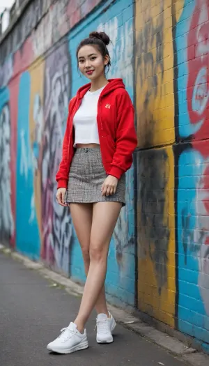 An Instagram-style photo full of street style, depicting a Chinese beauty in a fashionable outfit. She is wearing a loose hoodie and a short skirt, paired with a pair of fashionable sneakers, standing in front of a city graffiti wall. Her hair is pulled into a high bun, and her face shows a confident smile, revealing a sense of energy and sexiness. The background is a graffiti wall full of artistic sense, with various bright colors and patterns. The composition uses a full-body shot to emphasize the overall style and fashion sense of the character, and the use of horizontal lines in the composition enhances the stability of the picture. The overall color tone is dominated by bright reds, blues, and yellows, creating an avant-garde and sexy atmosphere.