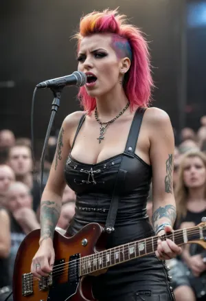 Sexy busty punk girls on rock concert, on stage, singing and playing guitar, croud