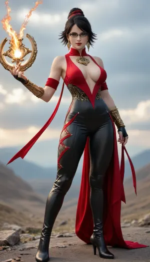 Bayonetta stands amidst a grand, almost surreal scene, where chaos and elegance blend seamlessly. Her long, flowing black hair cascades in silky strands down her back and legs, moving as if animated by its own will. The strands are adorned with golden ornaments that shimmer like ancient runes, and faint red highlights glow softly with magical energy. Her hair is styled into an intricate, high spiral bun, exuding an air of royalty and untouchable confidence.

Her skintight black suit clings to her body like a second skin, perfectly accentuating her athletic figure. Her massive big Breast, busty, D-cup bust is so pronounced that it seems as if the fabric is on the verge of giving way, creating an air of provocative tension. The plunging neckline draws attention to her flawless chest, which commands the scene with a mix of sensuality and unapologetic dominance, as if defying gravity itself.

Her hands are clad in black, fingerless gloves adorned with intricate gold patterns that extend elegantly across her forearms. Her long, crimson-painted nails gleam like blades, sharp and deadly, just like the pistols she wields. Each weapon is an art piece, with engraved barrels and ruby-studded handles that glimmer faintly with arcane energy. Every detail of her weapons speaks of precision, power, and unmatched style—lethal tools in the hands of a deadly goddess.

Her long legs are clad in thigh-high, high-heeled boots that seamlessly merge elegance with lethality. The sharp heels are functional pistols themselves, glinting menacingly with metallic precision. Golden filigree and ruby accents adorn the boots, making every step she takes both a declaration of power and a showcase of sophistication.

Her face is nothing short of captivating, sharp cheekbones, perfectly arched brows, and sultry red lips curled into a mischievous smile. Her piercing eyes, framed by narrow glasses with red-tinted lenses, seem to glow faintly with an otherworldly light, as though they can see through the very fabric of existence. Her gaze is both alluring and unnerving, a perfect combination of charm and menace.

The background is a chaotic masterpiece, a crumbling Gothic clocktower rises against a sky swirling with deep purples, blacks, and reds. Lightning cuts through the stormy clouds, illuminating angelic feathers slowly drifting through the air—remnants of a defeated foe. The ground beneath her feet glows with intricate magical circles, pulsing with ominous energy that seems to radiate from her very presence.

Bayonetta strikes a commanding pose, one leg extended forward and her hip slightly cocked, emphasizing her curvaceous figure. Her chest, barely contained by the straining fabric of her suit, adds to her overwhelming aura of power and sensuality. She is the epitome of grace, danger, and supernatural allure—a being who dominates not just the battlefield but every gaze drawn to her., large, big, boobs, huge, tits, <lora:bombshell_v2:.5>, breasts, cutout, clothing, nipples