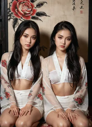 (((Sumi-e stylized drawing))), (black and white ink), ((two skinny japanese gorgeous twins)), (yena kpop idol), two 18 year old, sitting in japanese room with, ((Highly detailed sumi-e painting background)), very wide hips, 25-year, (detailed body), (((transparent see-through wet white kimono))), ((holding each other in erotic pose)), (((rose tattoo))), ((bottomless)), (((natural long wet hair))), (((bright amber eyes))), (((symmetrical face))), (((pretty))), looking into camera., sumi-e, perfecteyes, haerin, 5-njhaerin-XL, .5>, jennie, 5, .9>, <lora:add-detail-xl:1>, <lora:SDXL_MassiveCowsLoRA_v1:.1>, <lora:[XL]Sumi-e:.8>, <lora:lora-sdxl-perfect-eyes:.5>, ningning, <lora:Ningning-v1:.5>