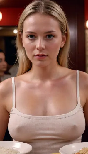 Beautiful Swedish model 25 years old discovers rice in Chinese restaurant. Big boobs, braless, Wearing, clothes, that, make, sense, with, Braless>, <lora:bralessSDXL_v1_00022:1>