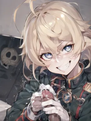 1girl, blonde hair, ahoge, short hair, military uniform, TanyaTheEvil, blue eyes, open mouth, crazy eyes, grin, teeth, eyes visible through hair, solo, AGGA_ST012, disdainful, eyes, (POVHandjob:1.4), <lora:Tanya Degurechaff:.6>, <lora:HerrscherAGGA2023_Little_Netizen:.6>, <lora:POVHandjob:.5>